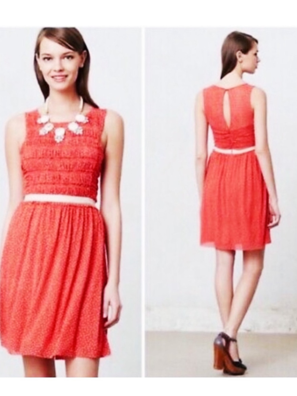Anthropologie Postmark Dress, coral ruched polka-dot sleeveless midi Size Small